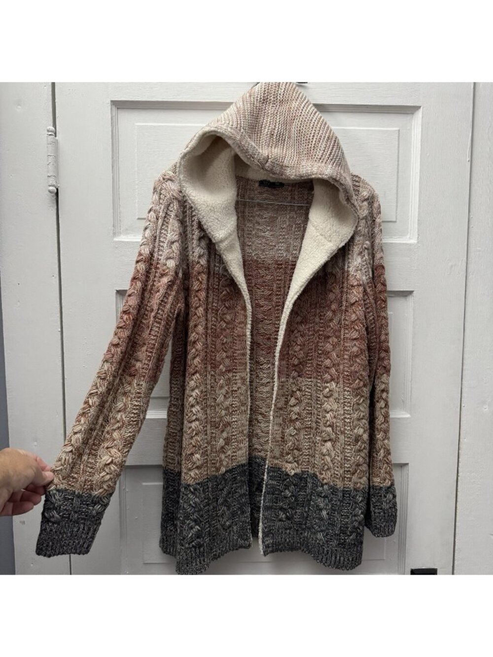 Lety & Me Medium Hooded Sherpa Lined Cable Knit Cardigan Sweater Duster